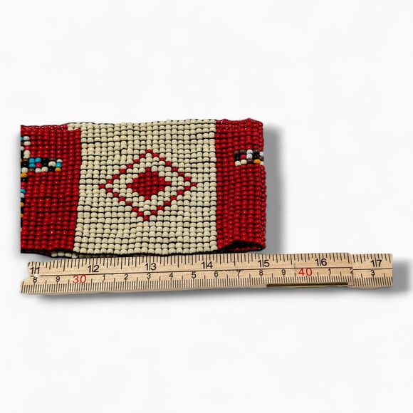 Vintage Native Style Beaded Belt Red Cream Wooden Buckle Boho Western main image 5